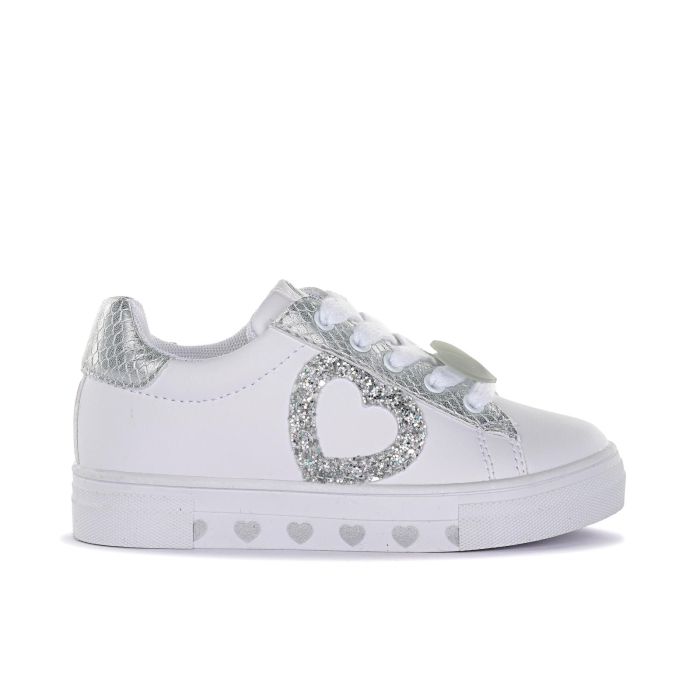 Sneakers bianche e argento da bimba con glitter e cuore