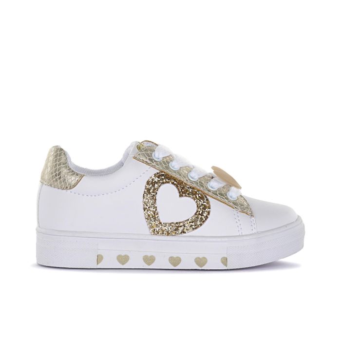 Sneakers bianche e oro da bimba con glitter e cuore
