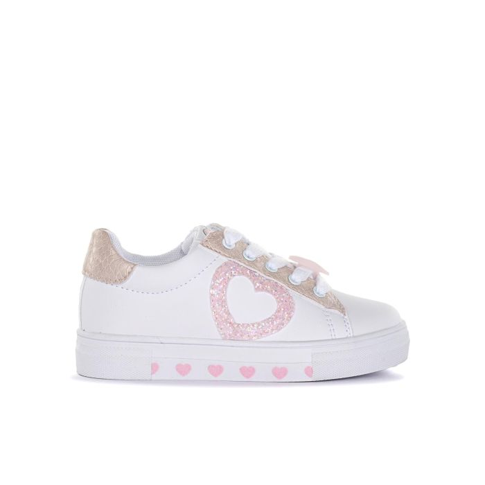 Sneakers bianche e rosa da bambina con glitter e cuore