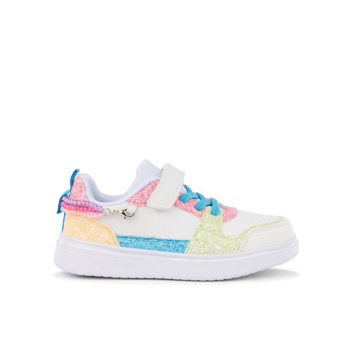 Sneakers bianche da bimba con inserti colorati glitter e dettaglio con perline