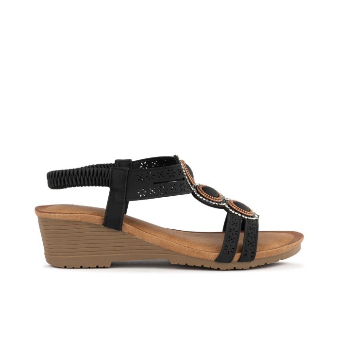 Sandali casual neri da donna con applicazioni e zeppa