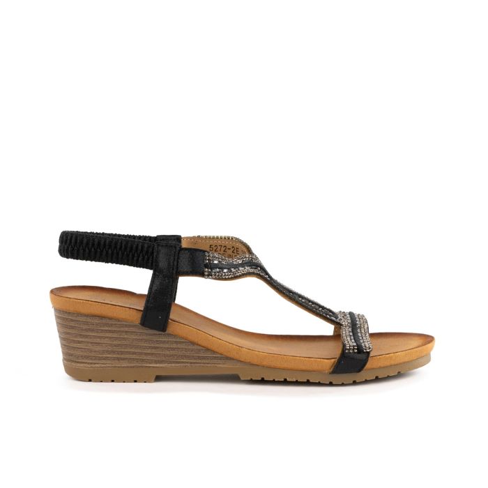 Sandali neri con zeppa e dettaglio perline con cinturino elasticizzato