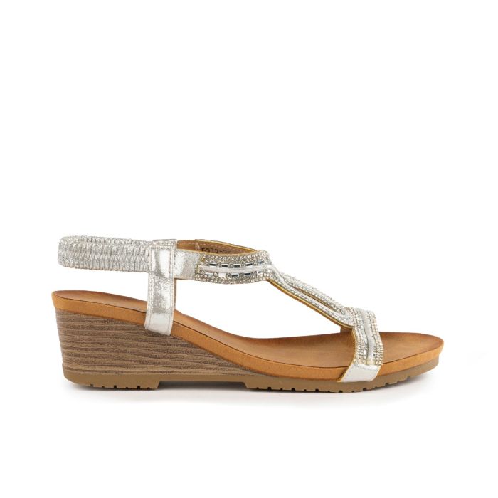 Sandali argento con zeppa e dettaglio perline con cinturino elasticizzato