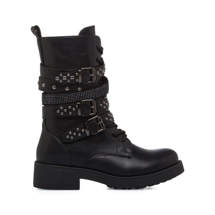 Stivaletti biker neri bassi da donna con fibbie con borchie