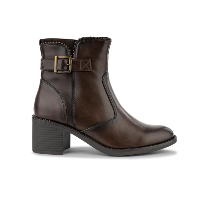 Stivaletti marroni da donna con tacco basso largo e fibbia