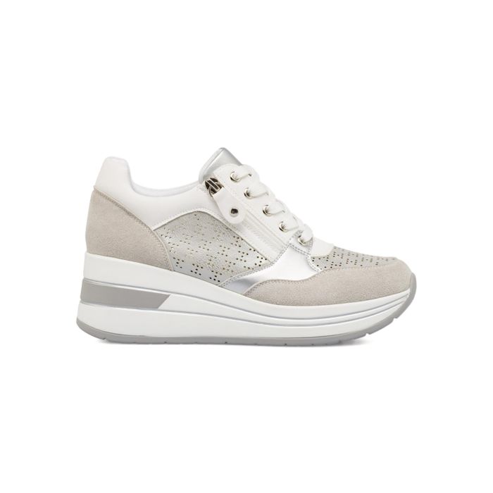 Sneakers bianche e grigie traforate Estradà da donna con zeppa