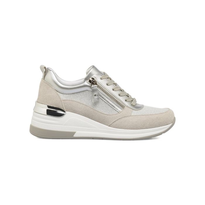 Sneakers beige Estradà da donna con zeppa, lacci e zip