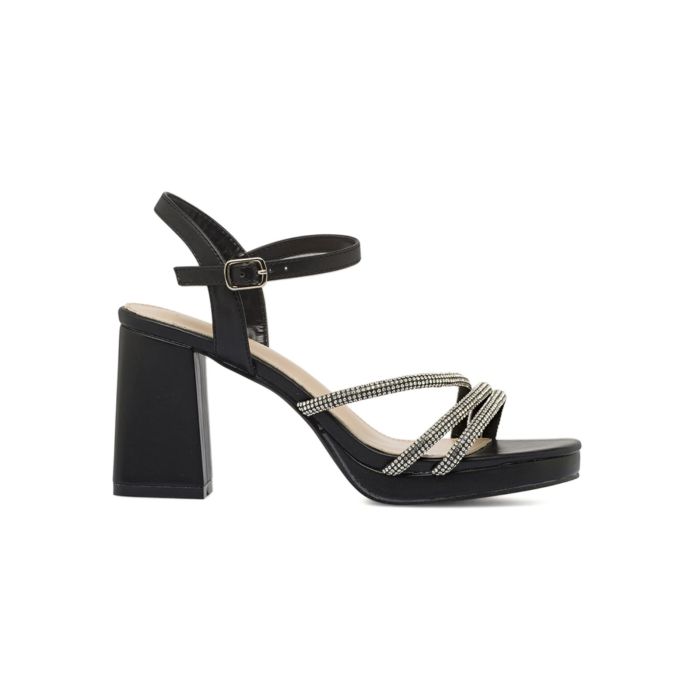 Sandali eleganti neri Alesya da donna con strass e tacco alto largo