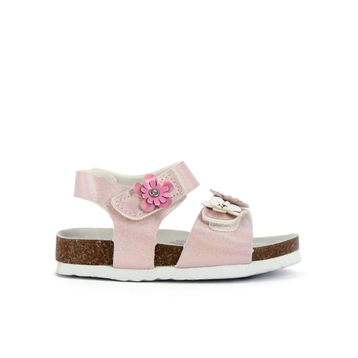 Sandali rosa laminati con fiori e doppio strappo da bimba