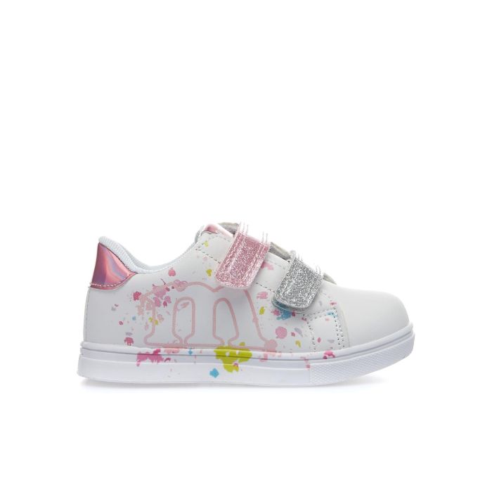 Sneakers bianche da bimba con strappi glitterati e disegno