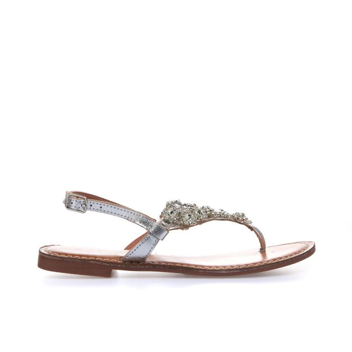 Sandali bassi argento modello infradito in pelle con pietre gioiello