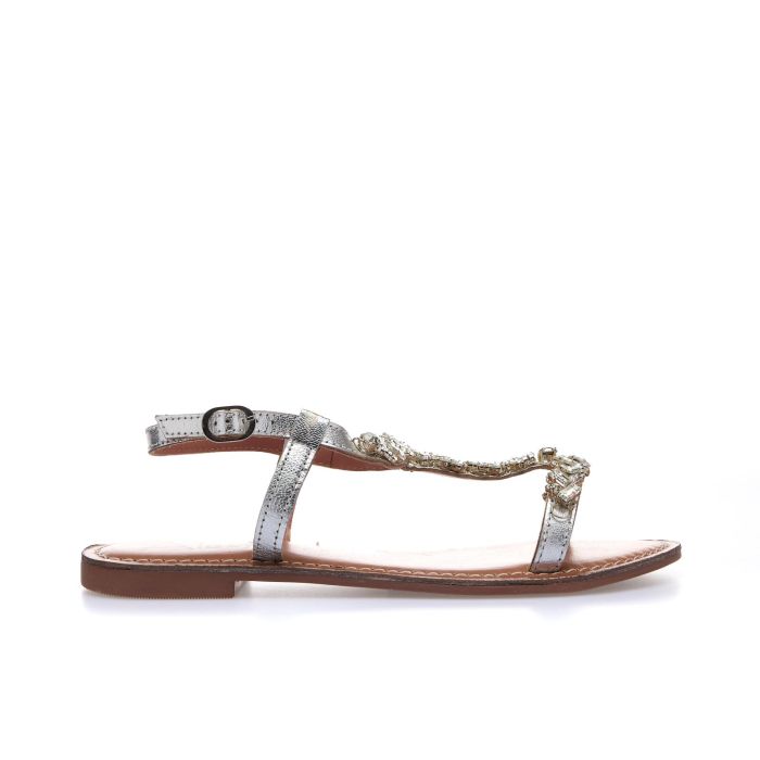 Sandali bassi argento in pelle con pietre gioiello