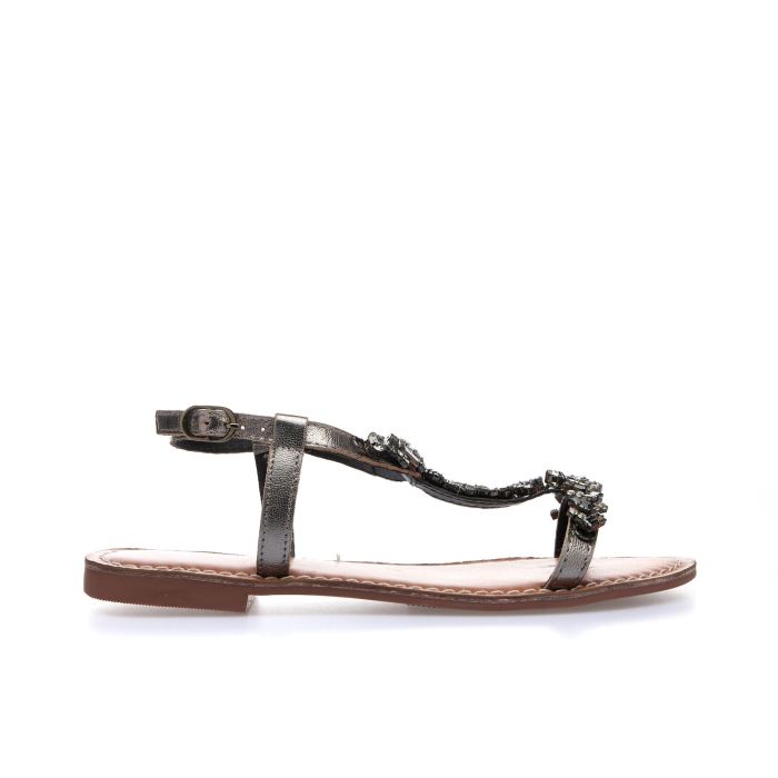 Sandali bassi grigi in pelle con pietre gioiello