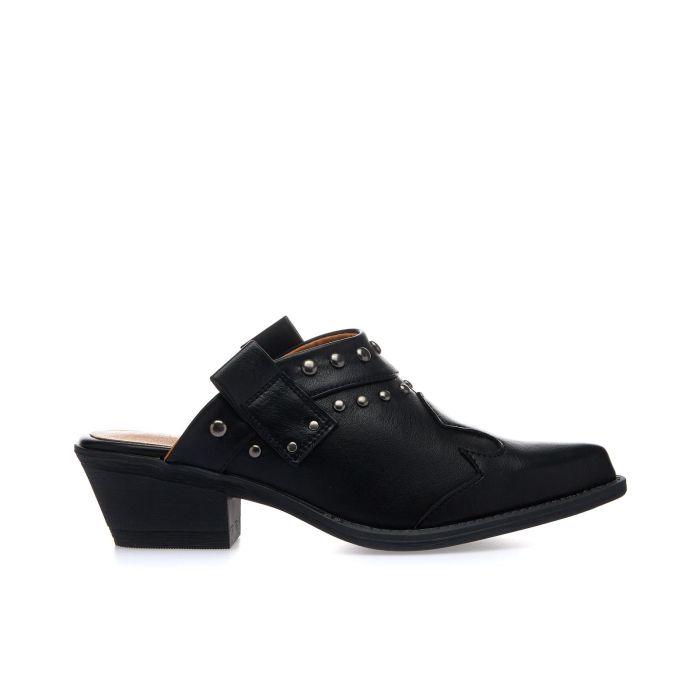Zoccoli neri a punta con borchie e tacco plateau