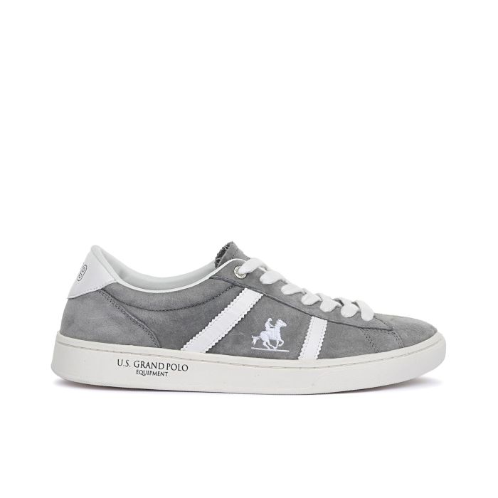 Sneakers grigie in suede con stemma laterale