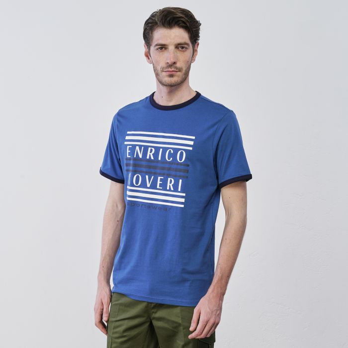T-shirt blu da uomo con maniche corte e scritta maxi logo