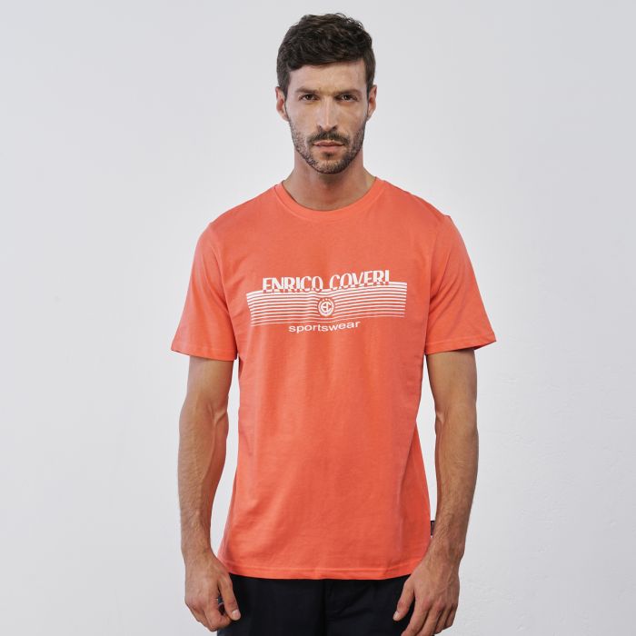 T-shirt arancione da uomo con maniche corte e maxi logo stampato