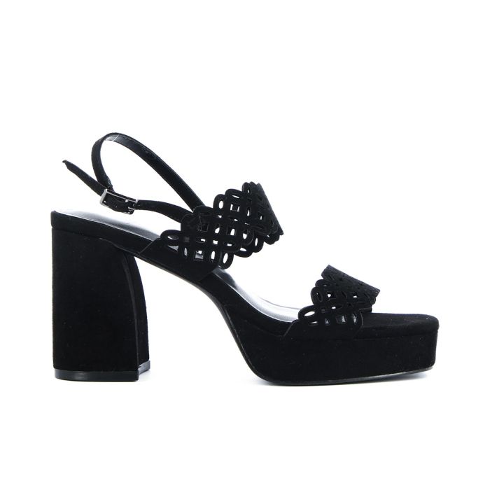 Sandali neri con fantasia traforata e tacco alto largo con plateau