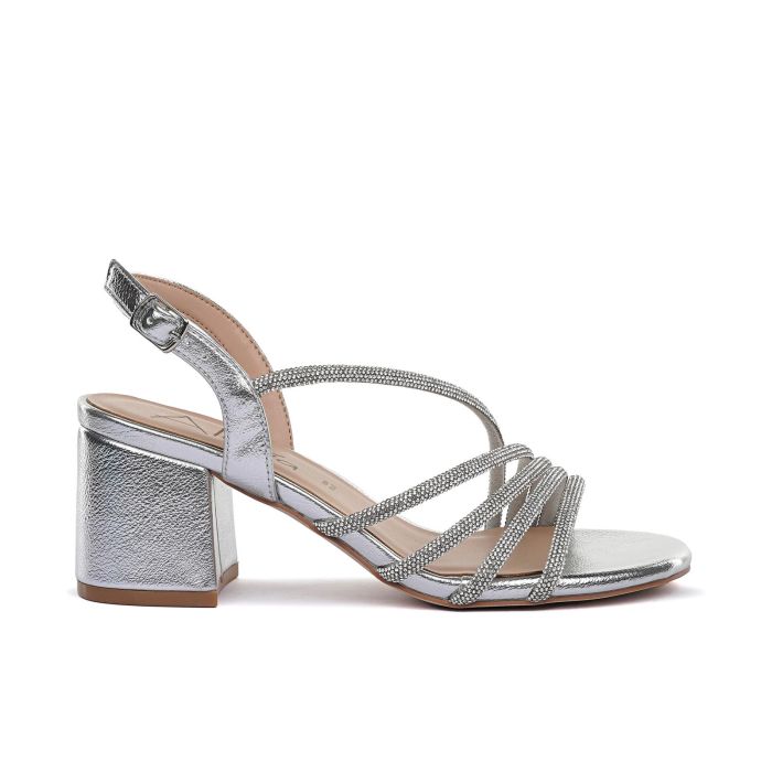 Sandali argento con strass e tacco medio largo