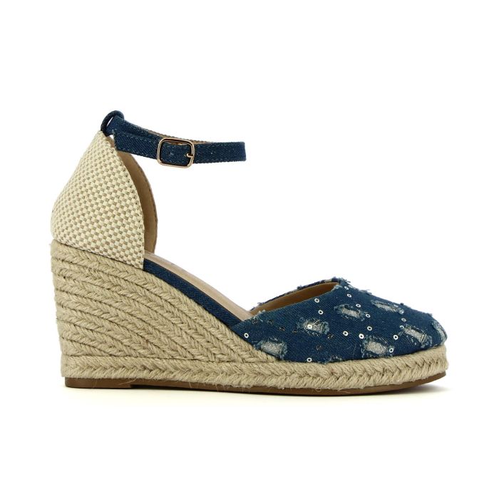 Sandali blu modello campesine con zeppa in corda e cinturino