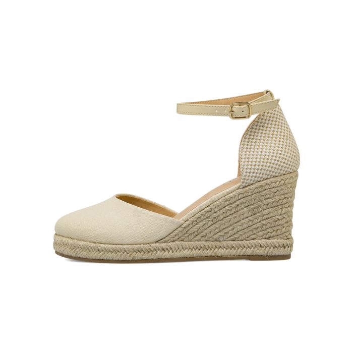 Sandali beige modello campesine con zeppa in corda e cinturino