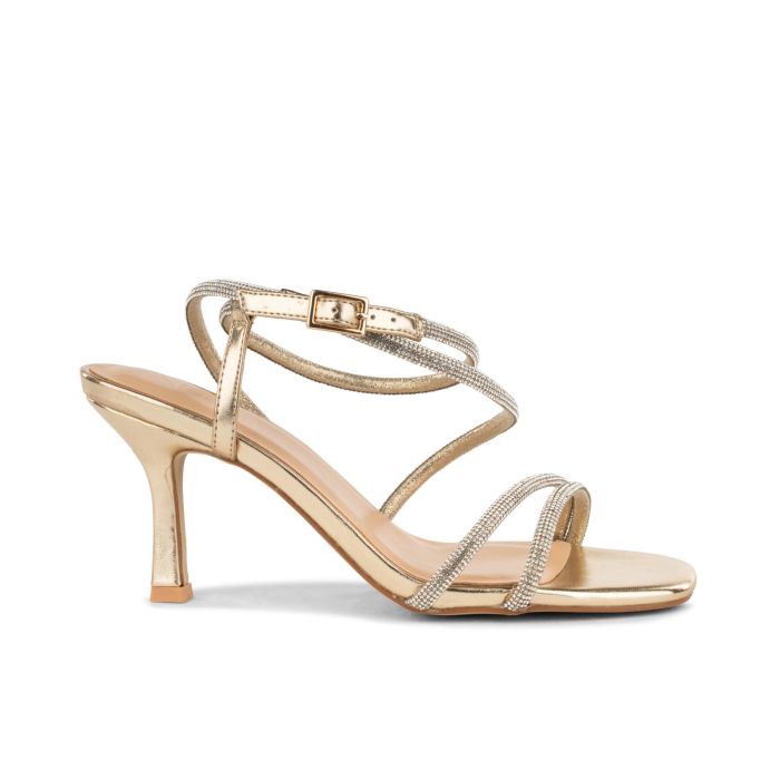Sandali con tacco oro con micro strass da donna