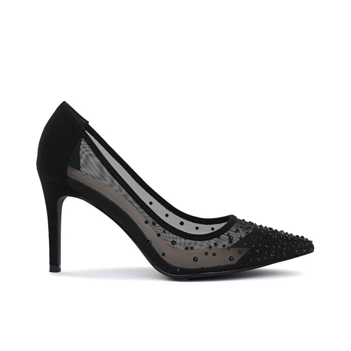 Decolletè nere a punta con tacco alto e tessuto a rete con strass