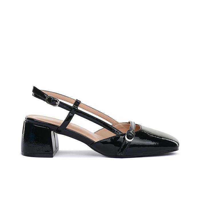 Decolletè nere lucide slingback con cinturino e tacco basso largo