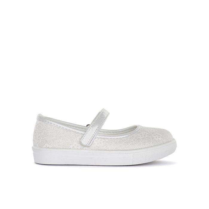 Ballerine bianche da bimba in tessuto effetto pizzo con cinturino con velcro