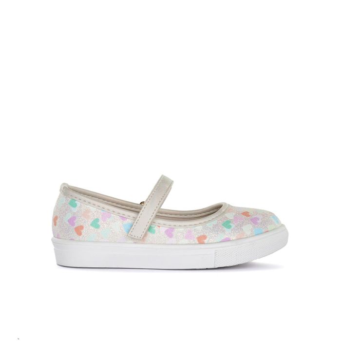Ballerine oro da bimba in tessuto glitter stampa cuori con cinturino con velcro
