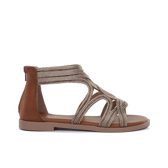 Sandali bassi marroni da donna con zip e strass