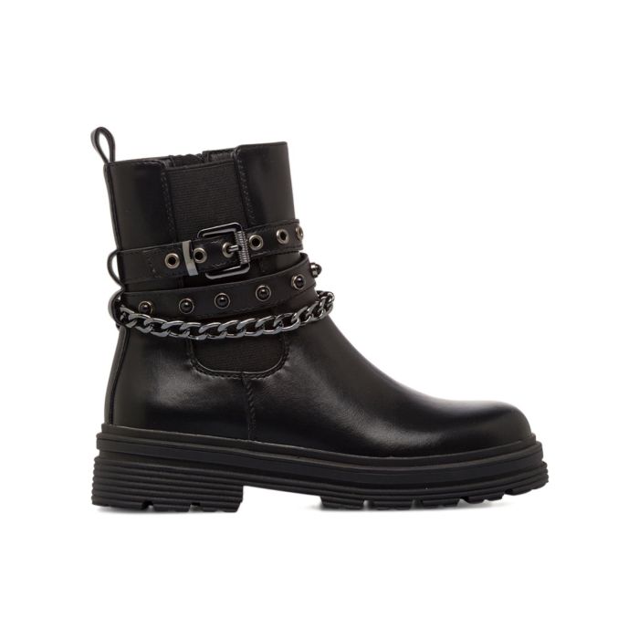 Stivaletti neri da bambina con dettaglio fibbie con borchie e catena
