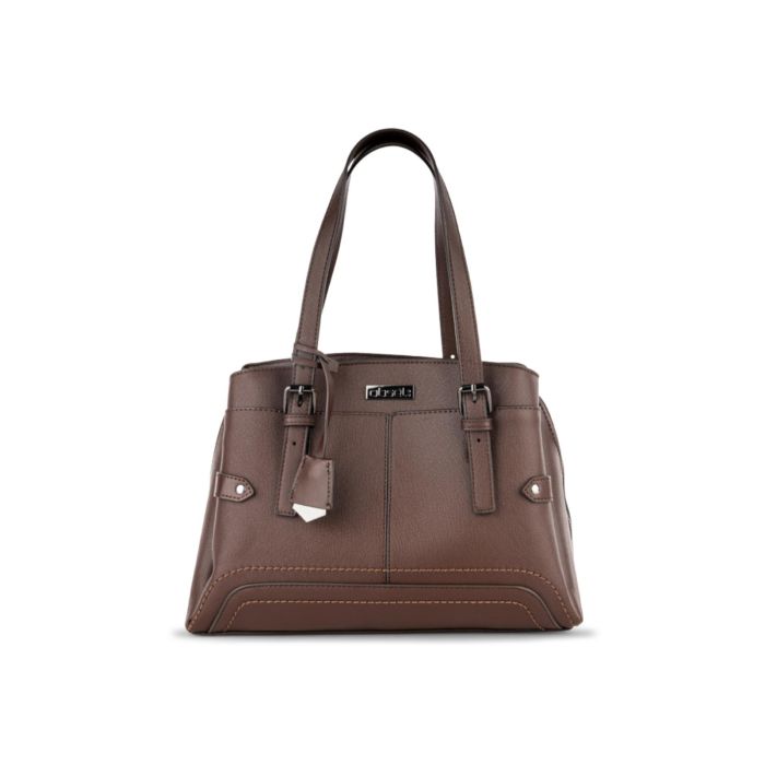 Borsa marrone da donna con manici dettaglio fibbie e ciondoli