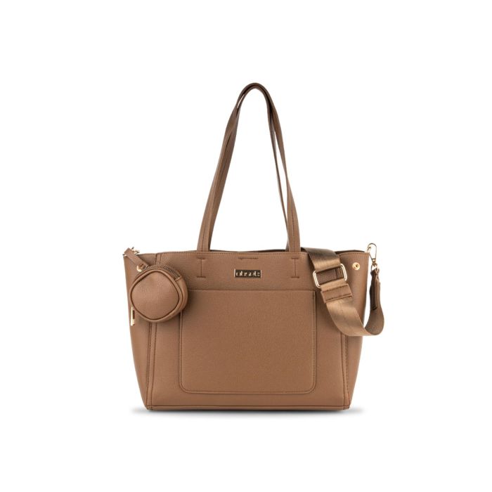 Shopper beige da donna con tracolla removibile in tessuto e ciondolo con bustina