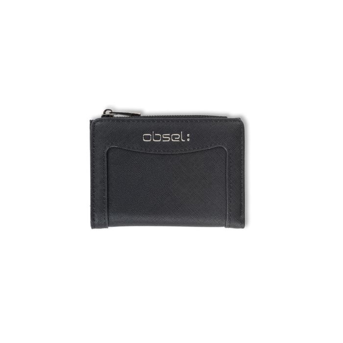 Portafoglio nero da donna con scritta logo e zip