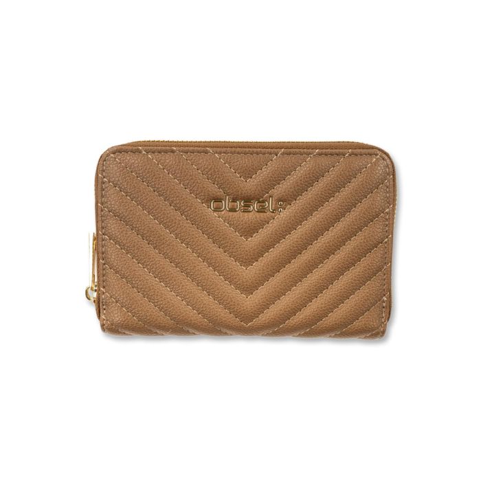 Portafoglio beige da donna con cuciture e logo