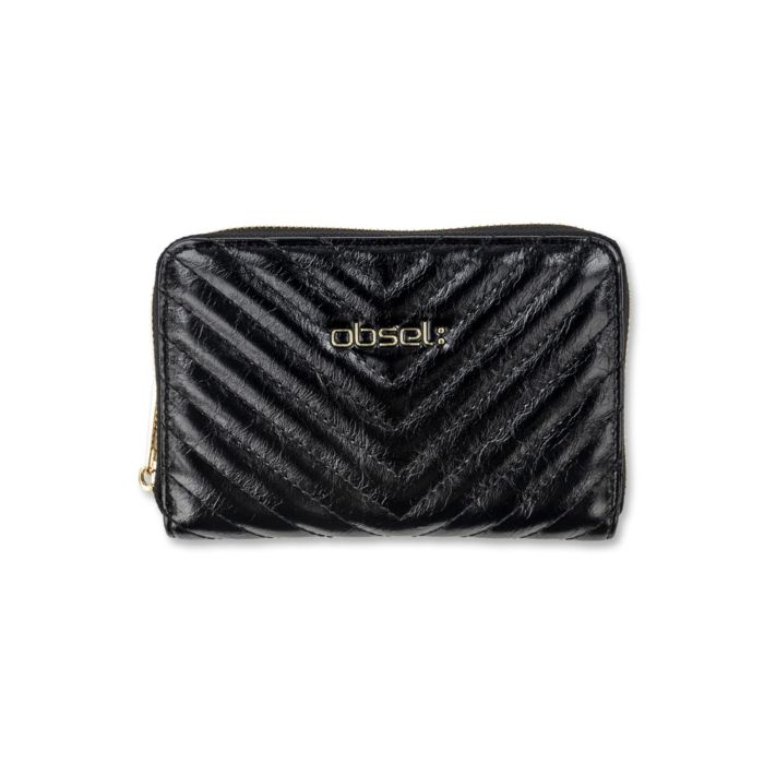 Portafoglio nero effetto vintage da donna con cuciture e logo