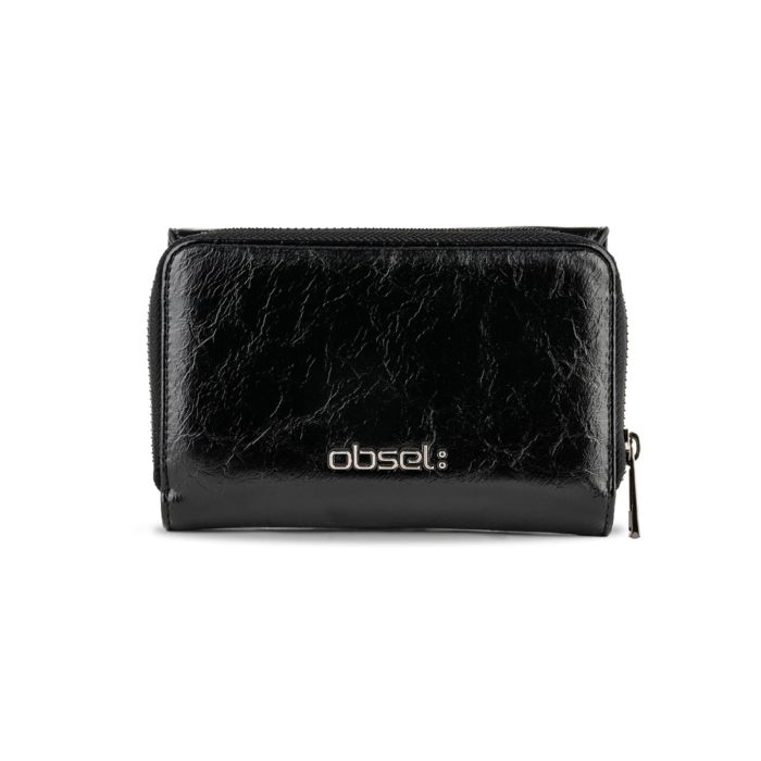 Portafoglio nero lucido da donna con zip e scritta logo