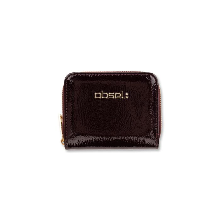 Portafoglio piccolo marrone lucido da donna con zip e logo