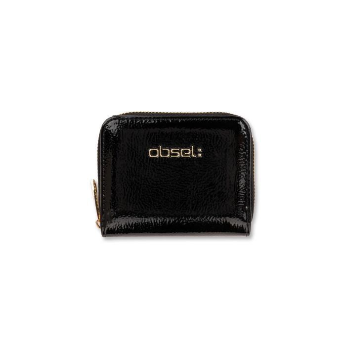 Portafoglio piccolo nero lucido da donna con zip e logo