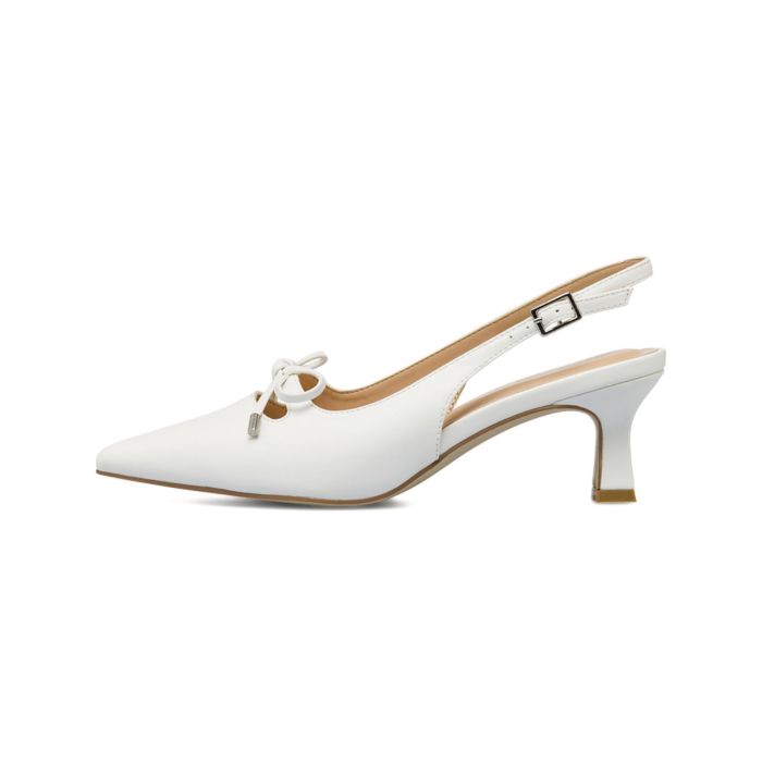 Decolletè slingback bianche Alesya a punta da donna con tacco basso a rocchetto e fiocchetto