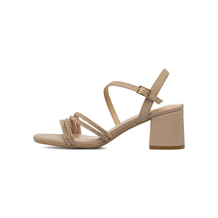 Sandali eleganti beige Alesya da donna con tacco medio largo e strass