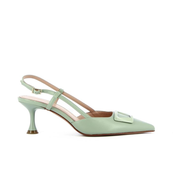 Decolletè verdi a punta con tacco basso a rocchetto sling back e applicazione