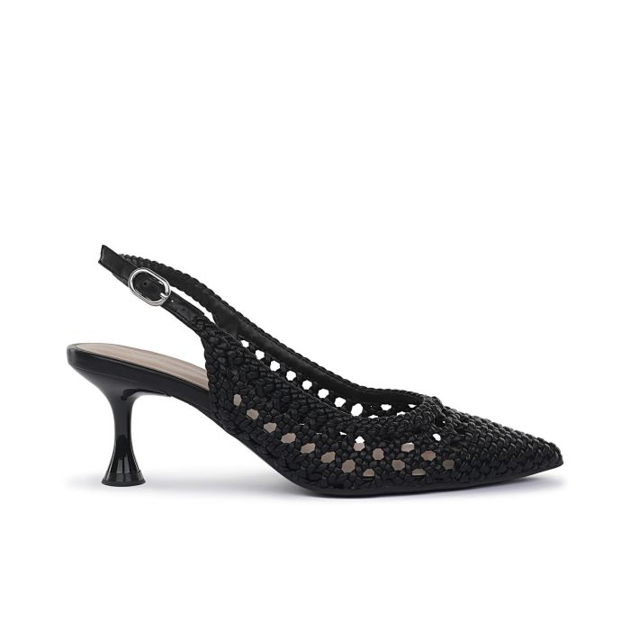 Decolletè slingback nere intrecciate a punta con tacco medio a rocchetto