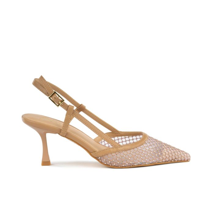 Decolletè beige slingback a punta in tessuto effetto rete con micro strass e tacco medio a rocchetto