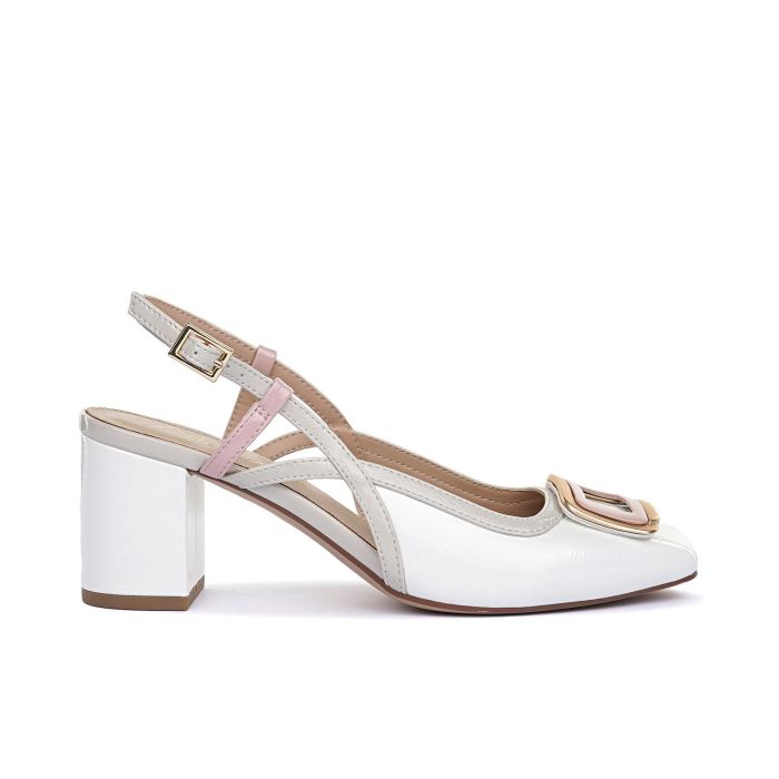 Decolletè bianche slingback con fibbia e tacco largo medio