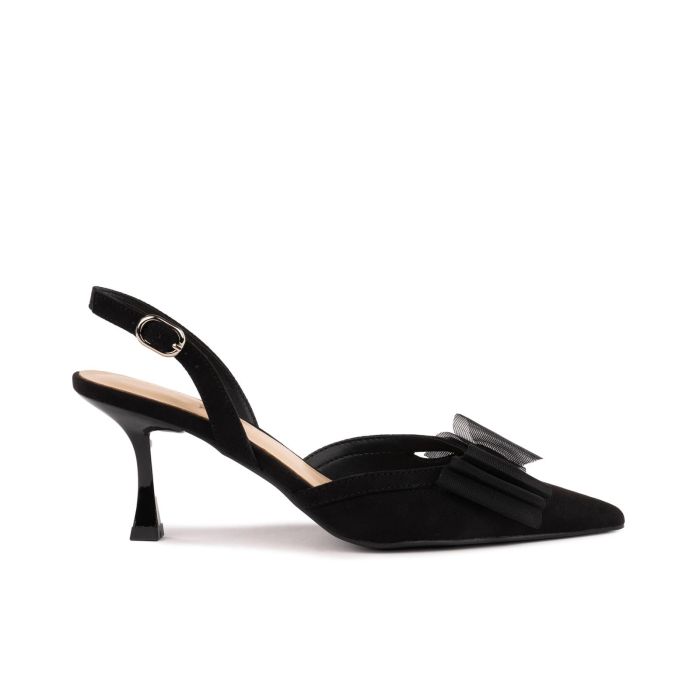 Decolletè nere slingback a punta con tacco medio a rocchetto e fiocco in tulle