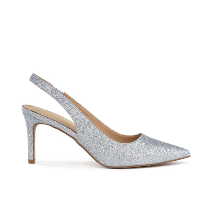 Decolletè argento glitter slingback a punta con tacco medio