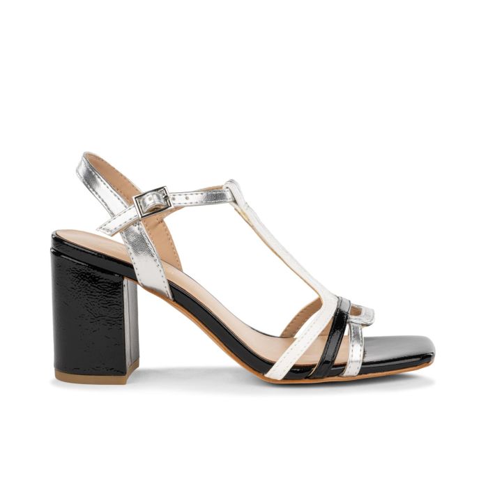 Sandali neri da donna con tacco alto largo e dettaglio laminato