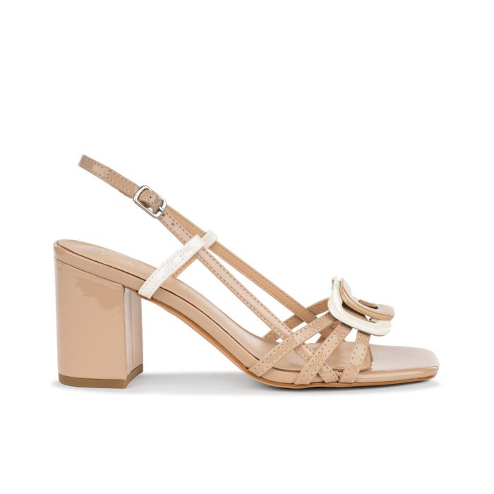 Sandali beige da donna con tacco alto largo e cinturini